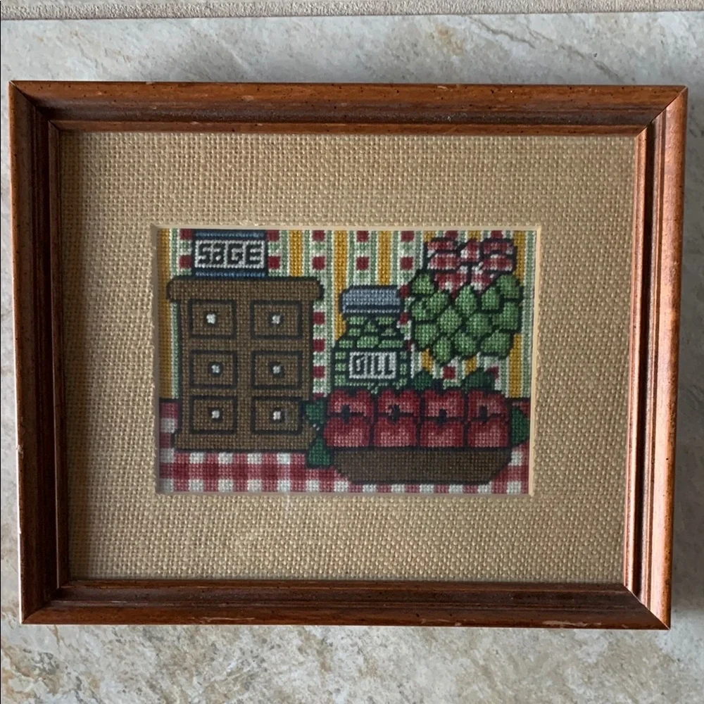 Handmade from 1981 needlepoint cross-stitch framed kitchen decor sage basil 9x11